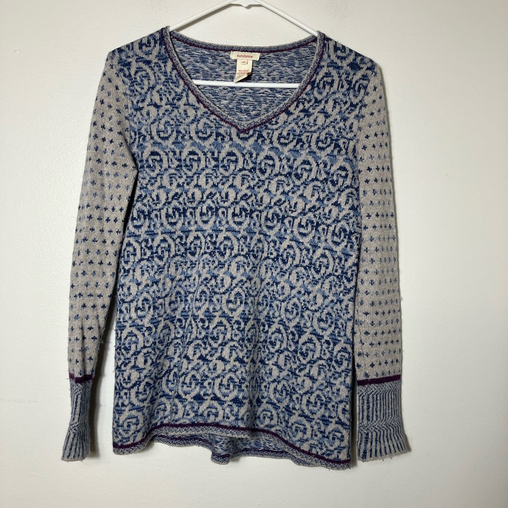 Sundance Wool Bend V-neck Sweater Paisley Print Sz XS‎ Blue Oversized